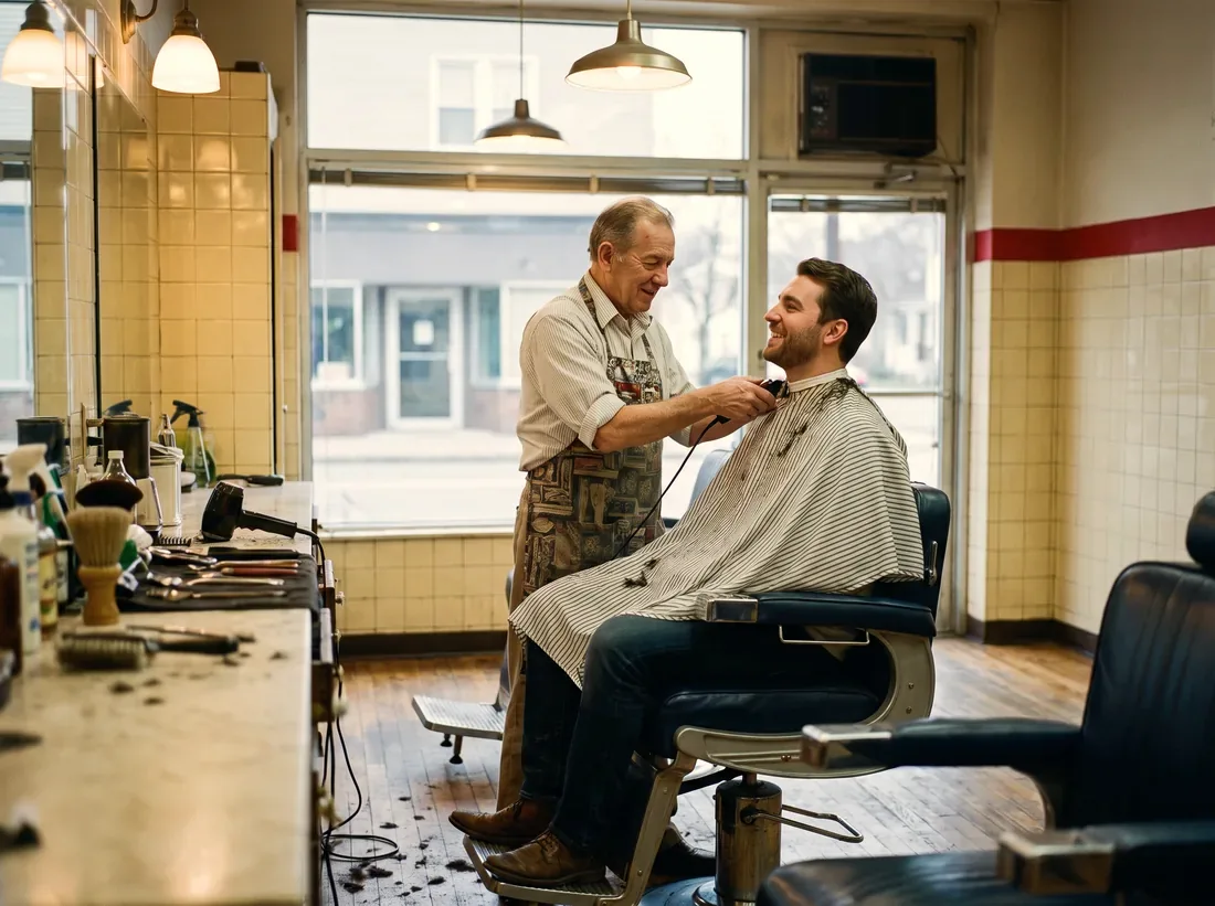 A veteran barber finishing a young customer's neckline in an old-fashioned barbershop