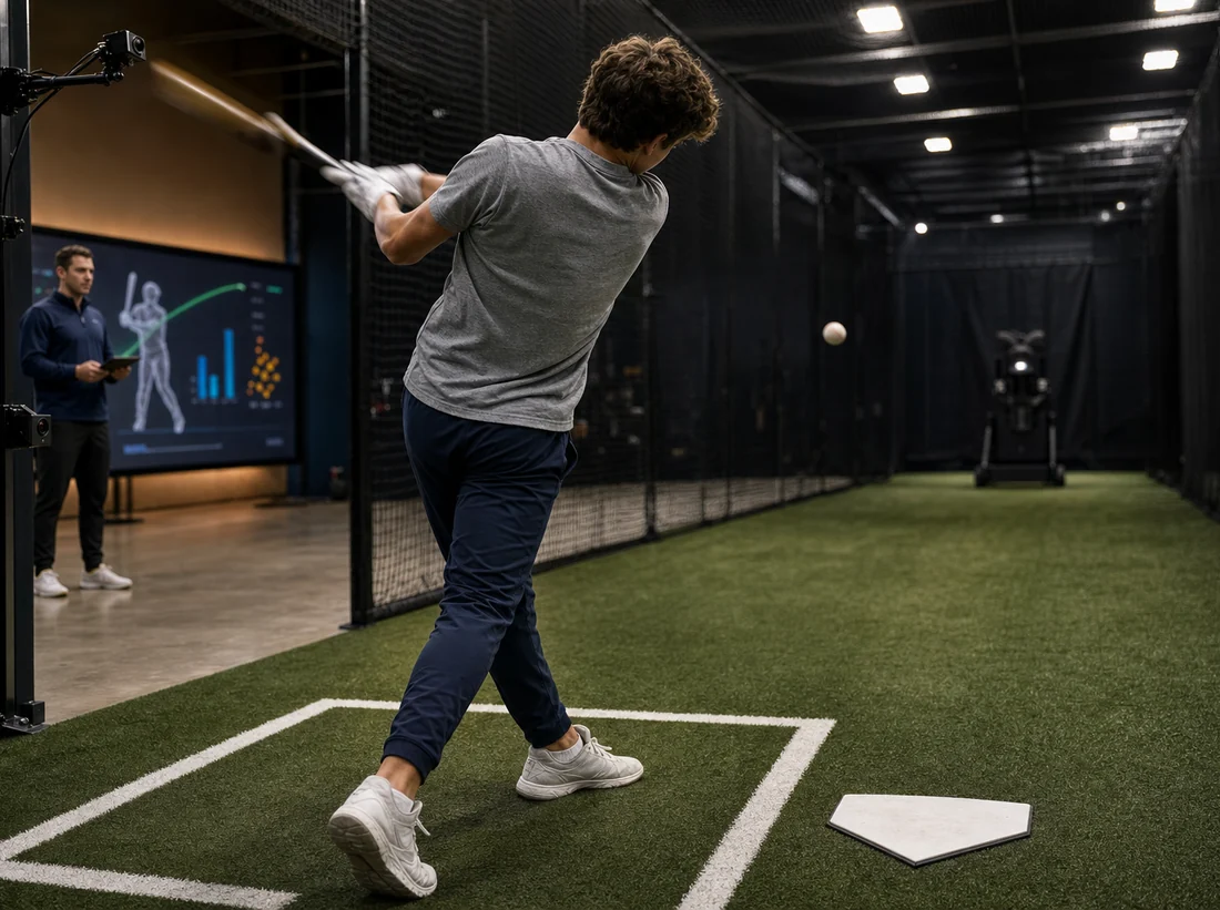A young hitter mid-swing in a netted indoor batting tunnel while a coach with a tablet watches, high-speed tracking cameras mounted beside the cage and swing-analysis graphics on a wall screen