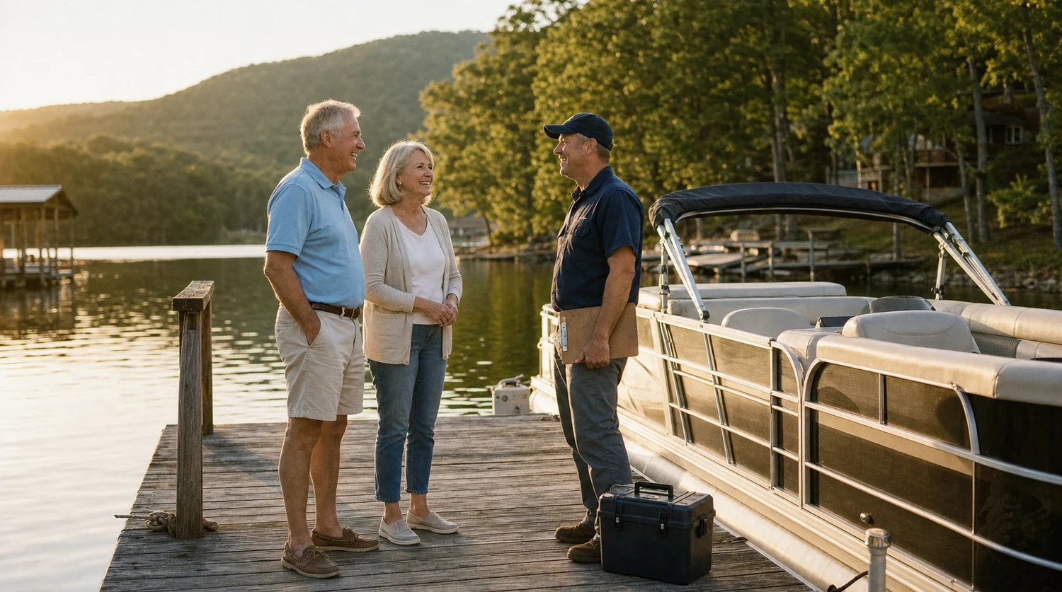 A retired couple on a lakeside dock talking with a local marina technician beside their pontoon boat in late afternoon light