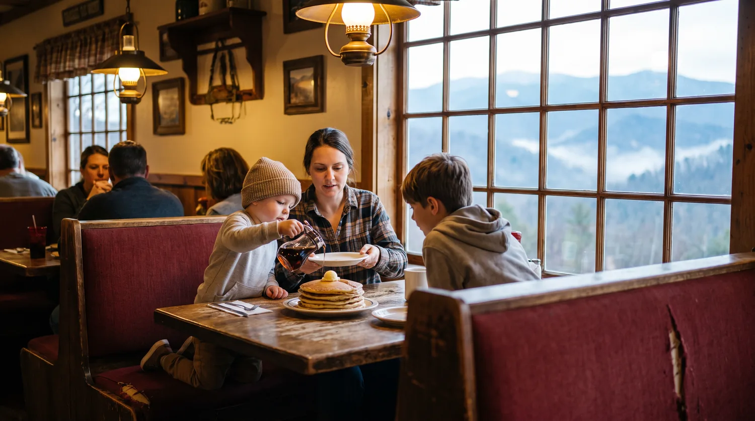 A family of visitors around a stack of pancakes in a mountain-town booth, layered Smoky Mountain ridges through the window beside them