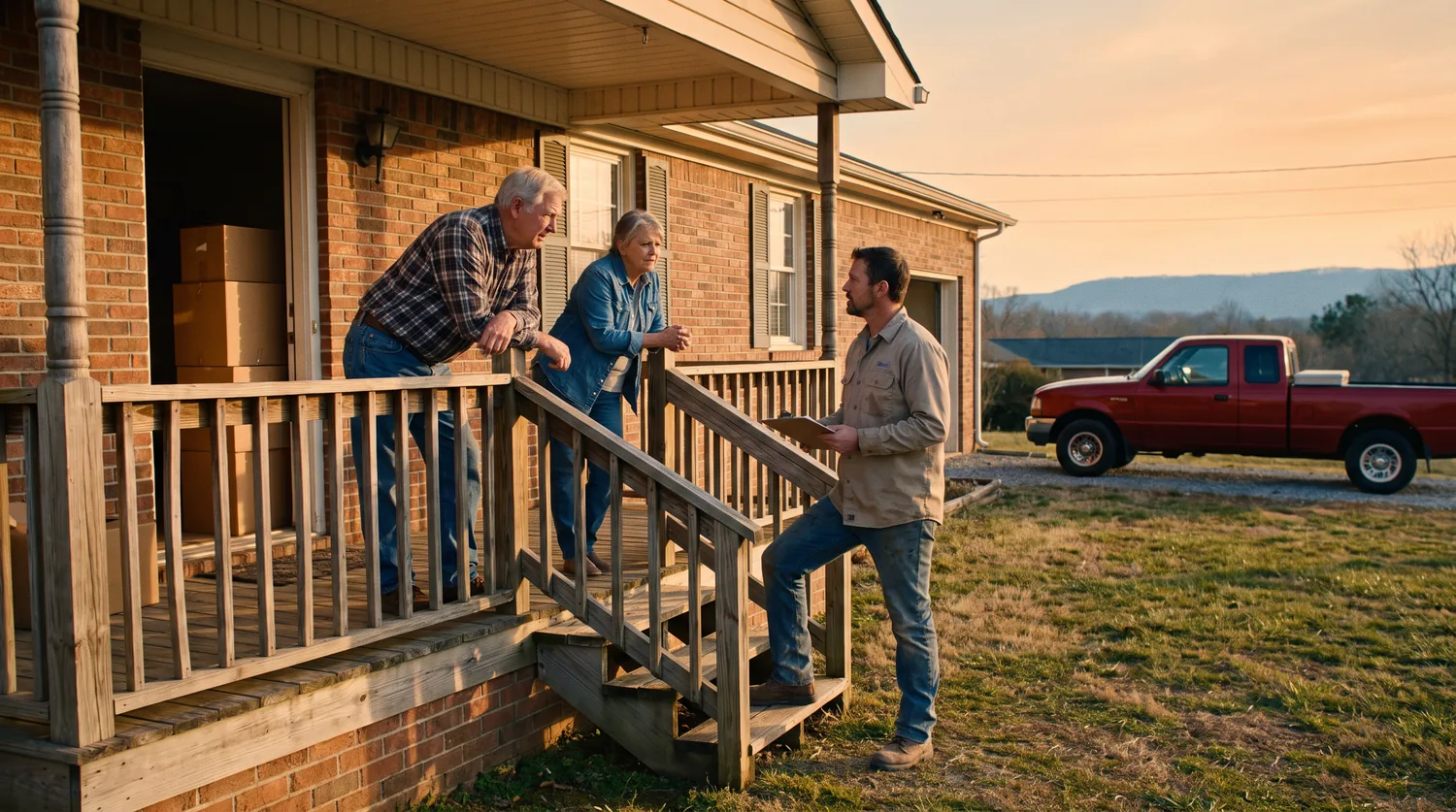 A contractor with a clipboard talking with a retired couple on the porch of their newly bought foothills home, moving boxes still inside