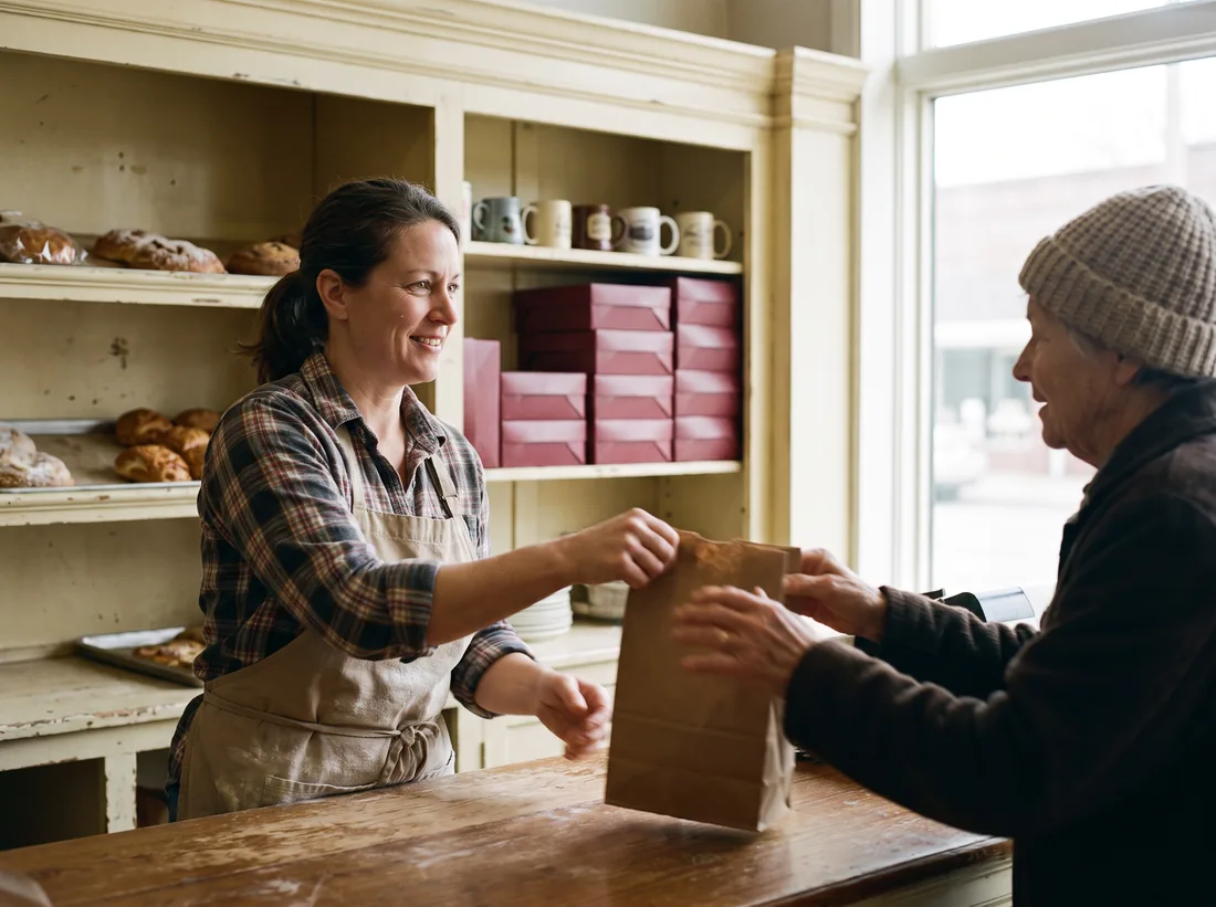 A bakery owner in a flour-dusted apron handing a paper bag to a regular customer